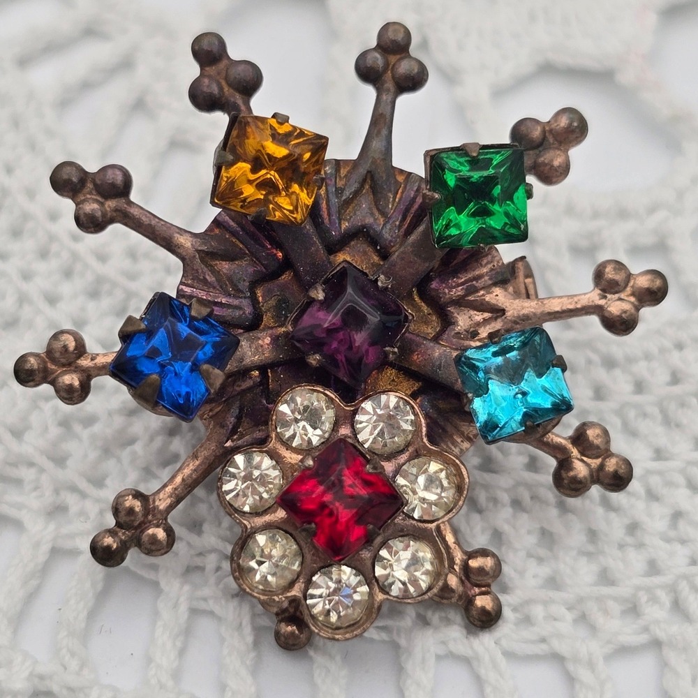 Vintage Starburst Brooch Multi Color Rhinestone Copper Tone Snowflake Pin 1.25"